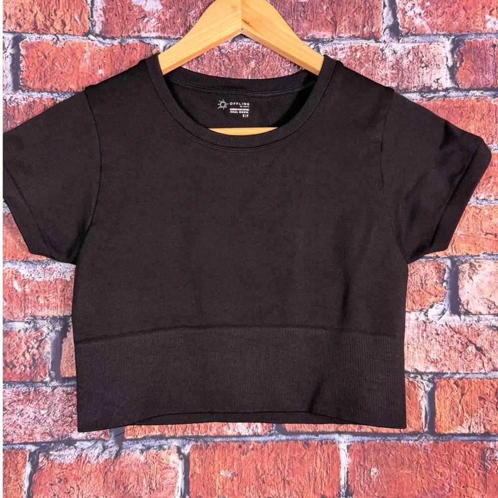 OFFLINE by Aerie Womens Black Seamless Short Sleeve Ribbed Crop Top S/P